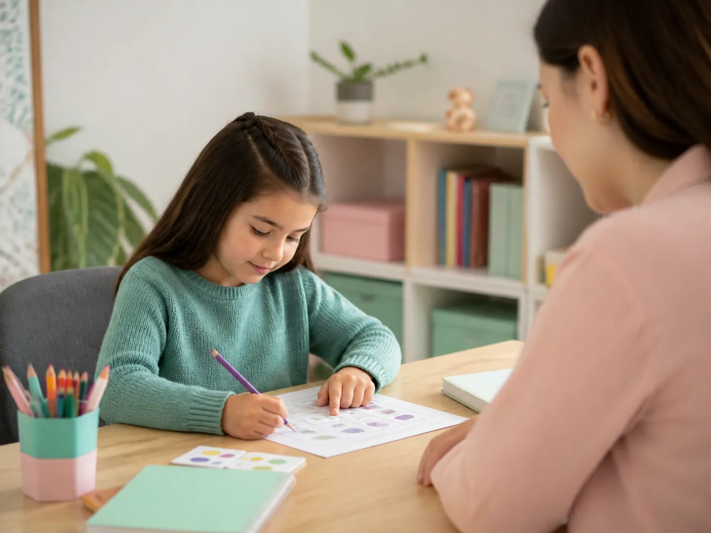 Niña trabajando en una sesión psicopedagógica con una especialista